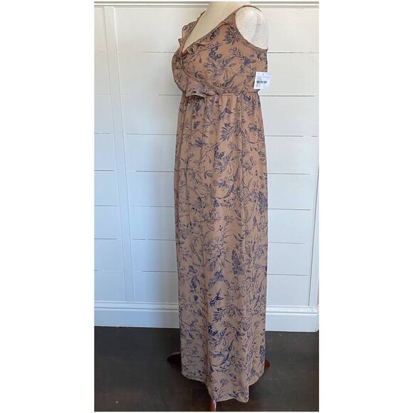 Nordstrom Soprano Brown Tan w/ Navy flowers Sheer ruffled‎ flowy dress - Picture 6 of 10